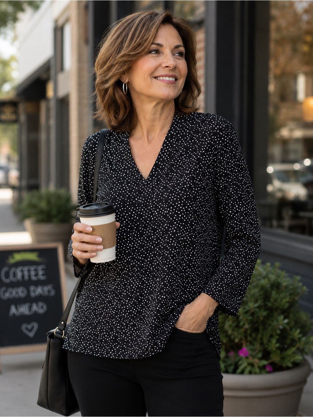 Chico's Black and White Polka Dot V-Neck Long Sleeve Top size L